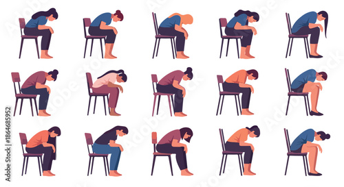 Sad woman sitting in chair, multiple poses