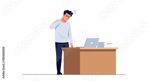 Man experiencing neck pain at desk with laptop
