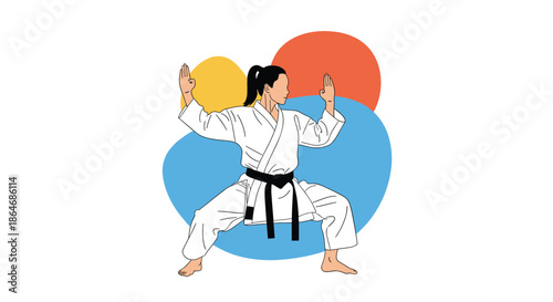 Focused woman in a white karate uniform performing a martial arts stance against a background of colorful abstract shapes.