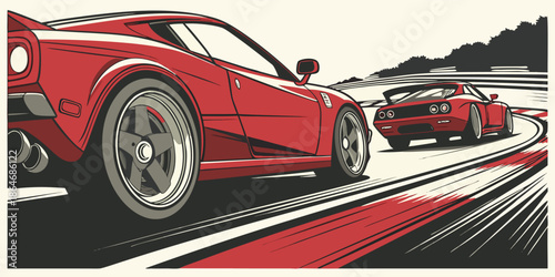 Dynamic graphic illustration of vintage racing cars drifting on a track with artistic flair