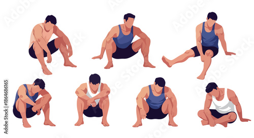 Man stretching poses set for fitness and yoga