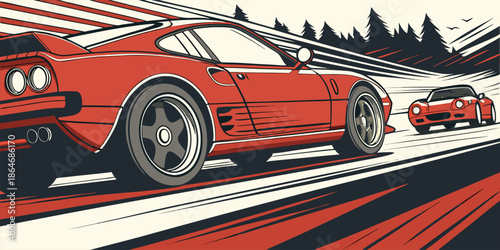Stylized Graphic Illustration Depicting Classic Sports Cars Racing on a Winding Road