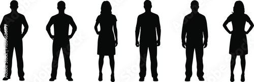 Standing people silhouette illustration set featuring men and women figures in neutral poses, isolated on white background for business, social, and design concepts