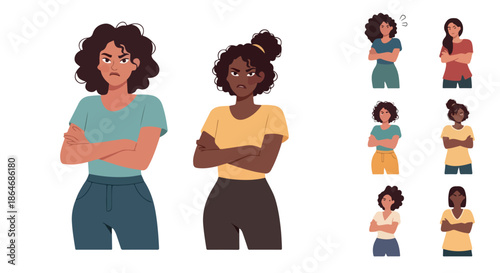 Angry women with crossed arms in various poses