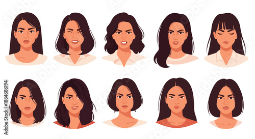 Angry woman faces showing various expressions