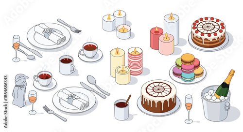 Extensive collection of isometric party food elements featuring chocolate cakes, colorful macarons, hot beverages, elegant candles, and champagne.