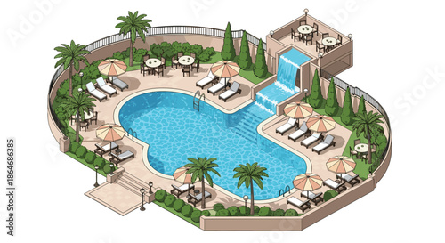 Isometric view of a luxurious outdoor swimming pool area with a multi-level waterfall cafe tables and lush tropical palm trees.