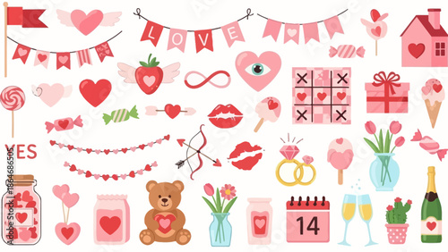 A charming flat design vector illustration set for Valentine's Day, showcasing a delightful assortment of romantic icons, loving hearts, festive decorations, and sweet elements