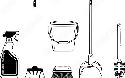 Cleaning Tools Household Hygiene Vector Silhouette Set