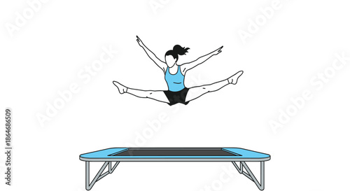 Athletic young woman in sportswear performing an impressive split jump high in the air while training on a professional blue trampoline.