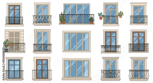 Diverse collection of window and balcony designs showcasing various styles of railings, frames, shutters, and potted plants for modern buildings.