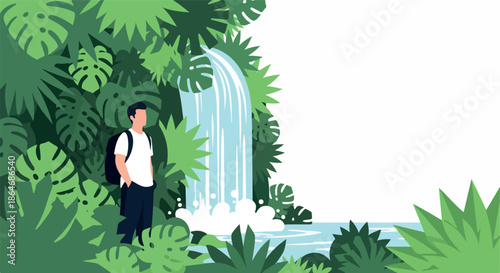 Man observing waterfall in lush tropical forest
