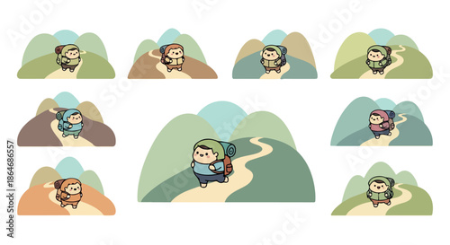 Hiking otter characters with mountain backgrounds