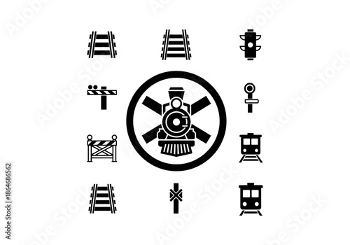 Vector Black and white railway icons set featuring train, tracks, signals, and barriers in a graphic style.