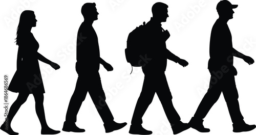 Walking people silhouette illustration set showing men and woman in motion, isolated on white background, ideal for lifestyle, travel, and urban design concepts
