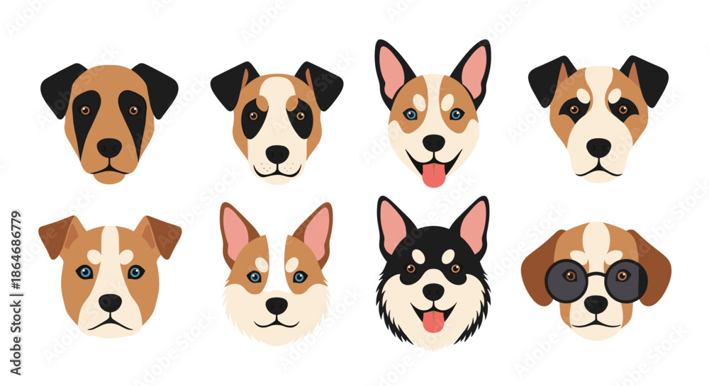 Obraz premium Set of eight diverse dog breed illustrations featuring different facial patterns, ear shapes, and colors for pet lovers and animal themes.