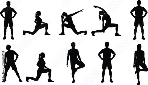 Workout and yoga silhouette illustration set featuring men and women stretching, lunging, and balancing poses, isolated on white background for fitness and wellness design