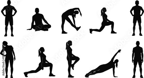 Fitness exercise silhouette set showing men and women performing stretching, yoga, warm up, and workout poses, isolated on white background for sports design