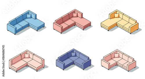 Selection of six isometric corner sofas in various colors including blue, pink, orange, peach, and purple for interior design planning.
