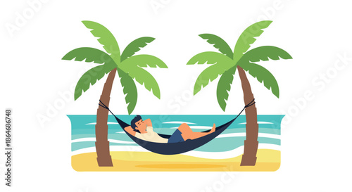 Relaxing man in hammock between palm trees on beach