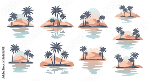 Tropical islands with palm trees and reflections