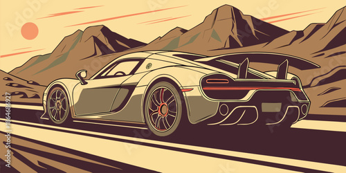 Vintage style illustration of a high performance sports car in a scenic mountain pass