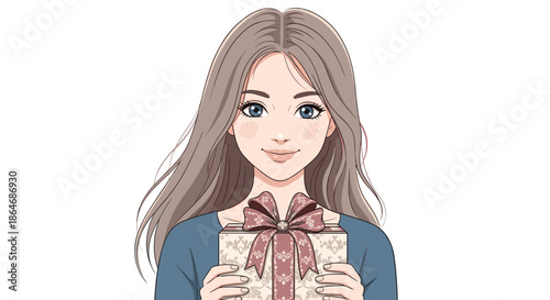 Beautiful young woman with long hair holds a decorative gift box with a large bow in front of her with a gentle smile.