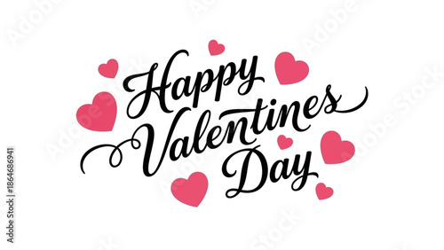 Elegant Handwritten Happy Valentines Day Text with Scattered Pink Hearts Vector Graphic