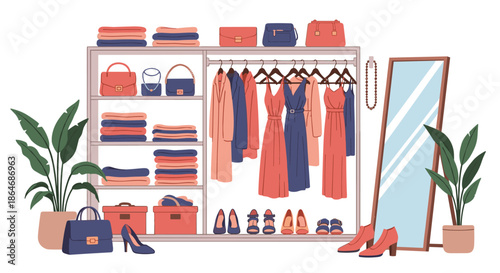 Stylish walk-in closet featuring organized shelves of folded clothes, hanging dresses, bags, shoes, and a full-length mirror.