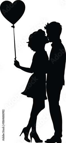 Silhouette of kissing couple with heart balloon on white background