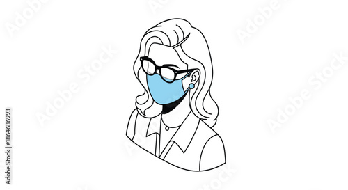 Line art portrait of a sophisticated woman wearing glasses and a blue protective face mask against a white background.
