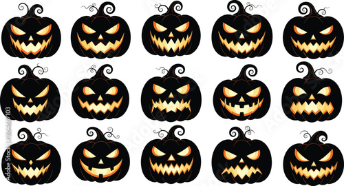 Halloween jack o lantern illustration collection with glowing scary pumpkin faces and spooky expressions, isolated on white background for holiday, party, and horror design projects