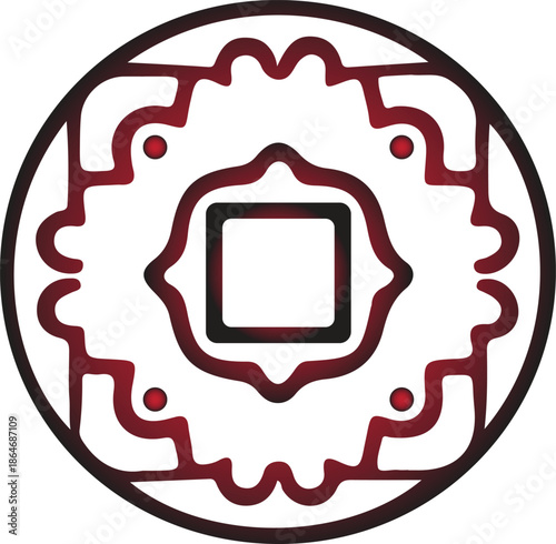 Stylized circular graphic with traditional Asian cultural motifs, featuring intricate patterns and a central square, evoking ancient coin designs and symbols of prosperity and good fortune