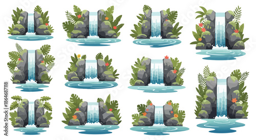 Tropical waterfalls with lush foliage and rocks
