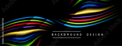 Abstract colorful lines over black background. Dynamic shapes create modern visual effect. Simple text labels design elements below.