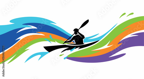Kayaker paddling on colorful water with transparent background