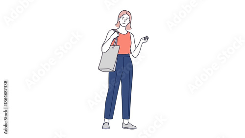 Stylish young woman happily shopping and looking at her smartphone in casual outfit