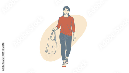 Stylish young woman carrying shopping bag walking confidently in casual attire on a simple