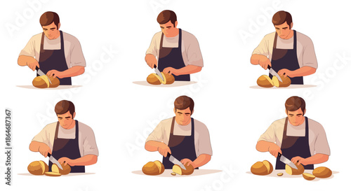 Man cutting potatoes sequence with transparent background