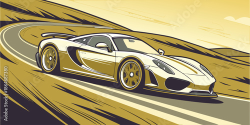 Retro inspired graphic artwork shows high performance sports car driving desert route