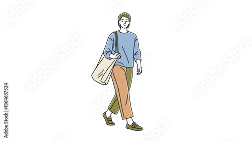Stylish young woman walking with a beige tote bag during daytime in casual outfit