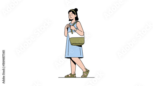 Stylish young woman with backpack and casual attire standing confidently isolated on a white