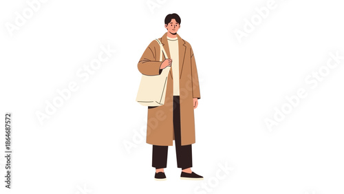 Stylish young woman with short hair in beige coat carrying a canvas bag on a white background