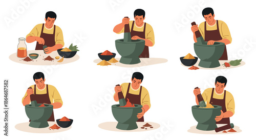 Man grinding spices in mortar with transparent background