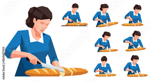 Woman slicing bread with knife, multiple views