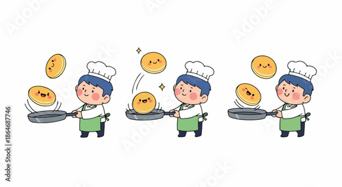 Boy cooking pancakes with transparent background