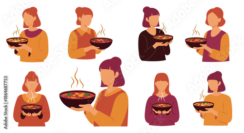 People holding bowls of soup, warm food concept
