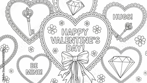 Delightful Valentine's Day Coloring Page Featuring Intricate Hearts, Decorative Keys, Sparkling Diamonds, and Sweet Love Sentiments