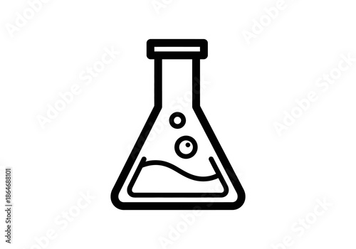 Vector Black and White Outline of a Laboratory Erlenmeyer Flask with Bubbles.