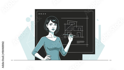 Woman Architect Presenting Blueprint on Computer Screen.